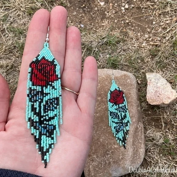 Rose Beaded Earrings, New, Handmade by Me - Picture 5 of 7